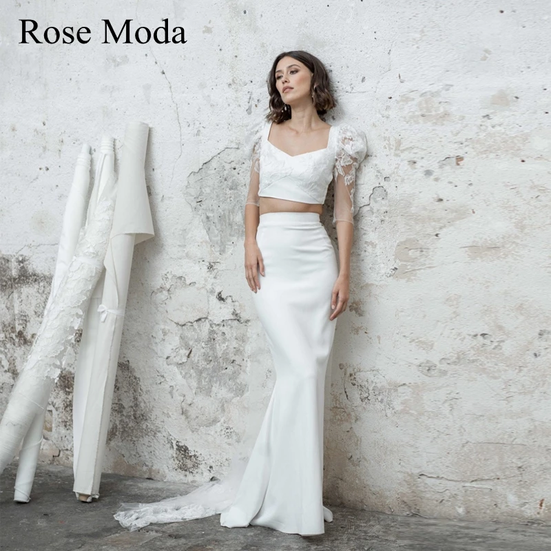

Rose Moda Half Sleeves Two Pieces Boho Wedding Dress Illusion Back Destination Bridal Gown with Lace Train