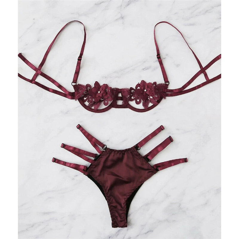 Набор нижнего белья с цветочным принтом, OpenBra+ G-string, сексуальное нижнее белье, женское нижнее белье с вырезами, Эротическая Ночная рубашка красного цвета, новинка