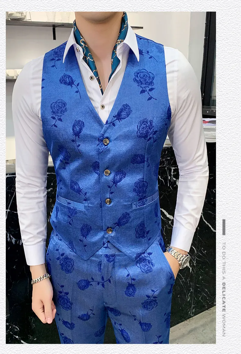 Синие мужские свадебные костюмы Модный цветочный костюм для собаки Homme Mariage Роскошные 3 шт приталенный костюм Masculino элегантное платье Q206