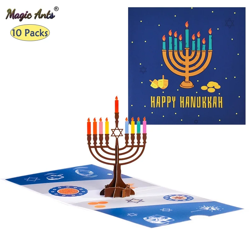 

10 Pack Pop-Up Happy Hanukkah Card for Jew 3D Chanukah Greeting Card Menorah Festival Postcard Hexagram Wholesale