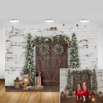 

Winter Christmas Photography Background Vintage Rsutic Wood Meery Xmas Backdrop Christmas Trees Lamp White Brick Wall Photocall