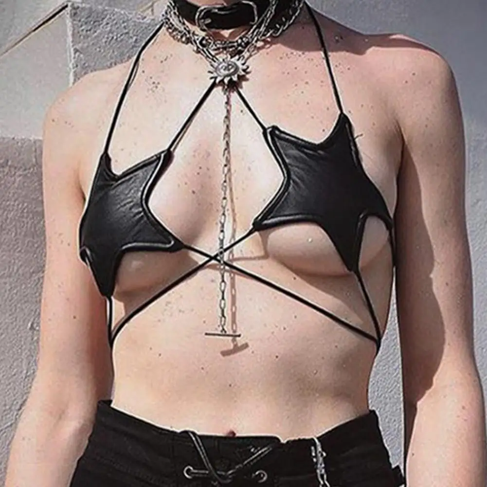 2021 Creative Women Summer Sexy Gothic Punk Leather Black Star Bra Bustier Top Simple Hanging Neck Tank Casual Women Bras Tops