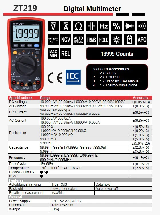 ZOYI ZT219 цифровой мультиметр 19999 отсчетов True Rms мультиметр-транзистор тестер Voltimetro профессиональный измеритель емкости
