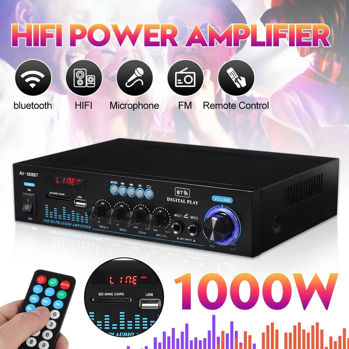 Mini Amplificateur de Puissance Bluetooth, 300W + 300W Stéréo Hi-FI Digital  Numérique Amp avec entrée USB/Bluetooth/FM, Mixer Karaoke, avec