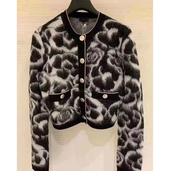

Cosmicchic Autumn Women's Cardigan Alpaca Knitted Sweater Black-White Rose Floral Long Sleeve O-Neck Single Gold Breasted Jacket