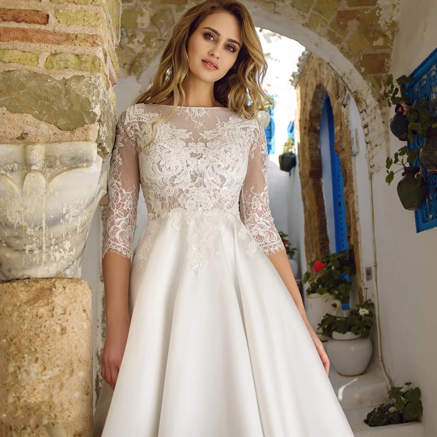 Элегантные свадебные платья Robe De Mariee, вырез лодочкой, рукав три четверти, Кружевная аппликация, а-силуэт, свадебное платье для невесты