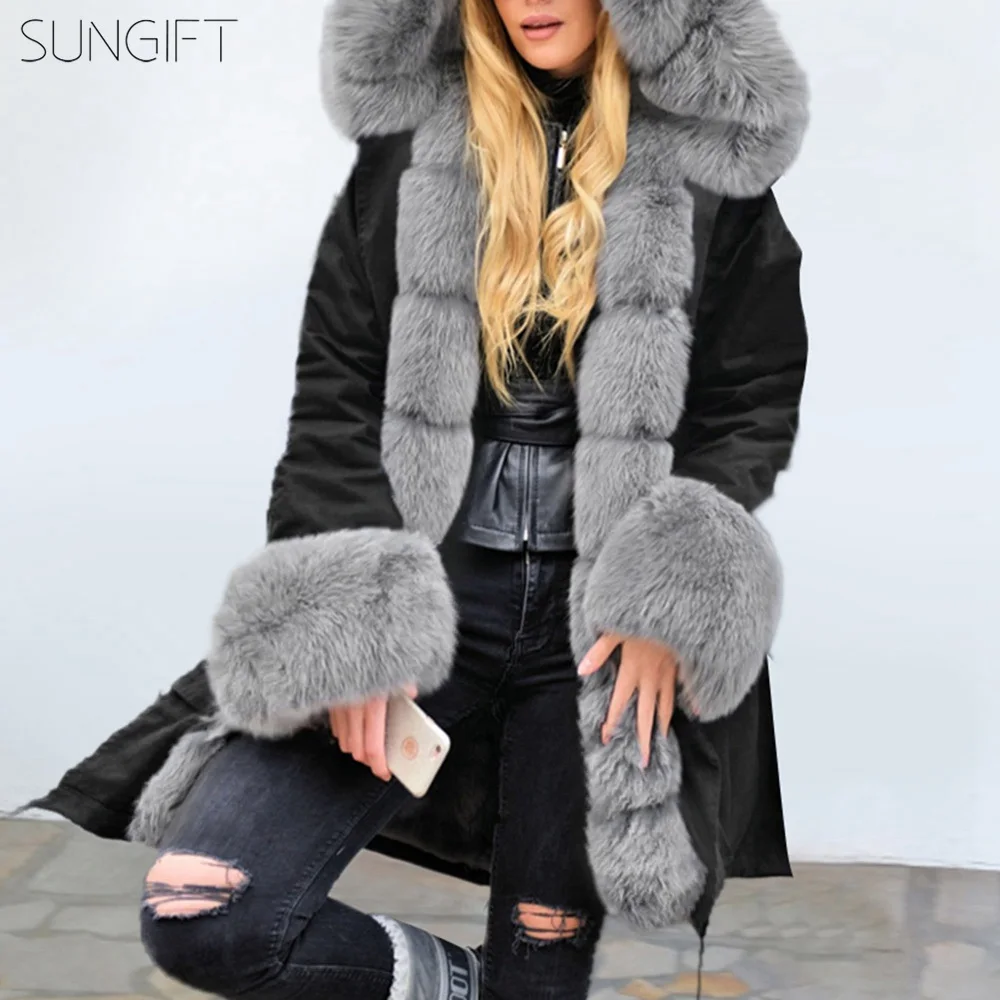 Sungift Женское зимнее высококачественное меховое пальто Роскошные Длинные толстые теплые Большие размеры женские плюшевые пальто с капюшоном камуфляжное Женское пальто