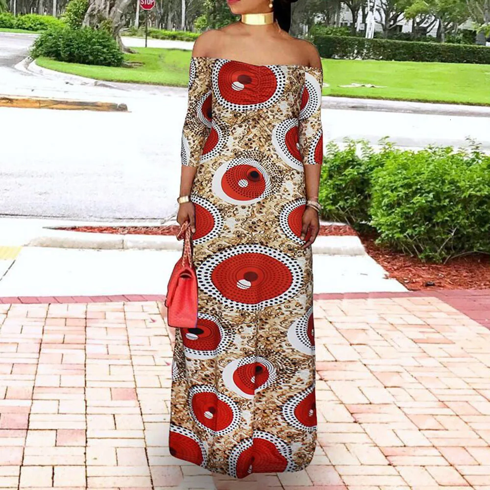 

Spring Autumn Women Clothing Sexy Off Shoulder Long Dress Vintage Polka Dot Printed African Ladies Plus Size Party Dress Maxi