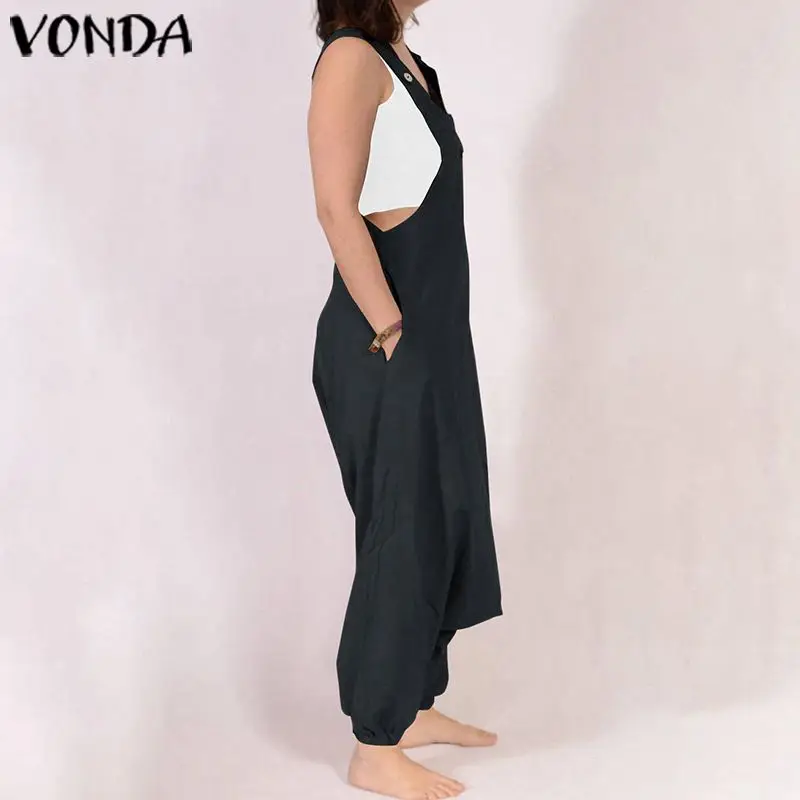 VONDA, женские комбинезоны без рукавов с заниженным шаговым швом, комбинезоны, хлопковые одноцветные длинные штаны-шаровары размера плюс, повседневные свободные штаны