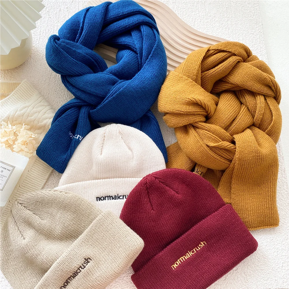 

35*180cm Autumn Winter Warm Beanies Bandanas Girls Women Crochet Knitting Wool Turban Cap Outdoor Warmer Hat Scarf Shawl Set
