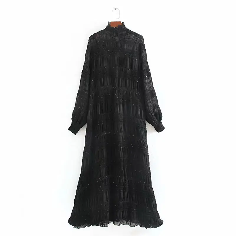 

2020 New Women fashion sequins decoration press pleated long dress ladies ruffles chiffon vestido chic party maxi Dresses DS3314