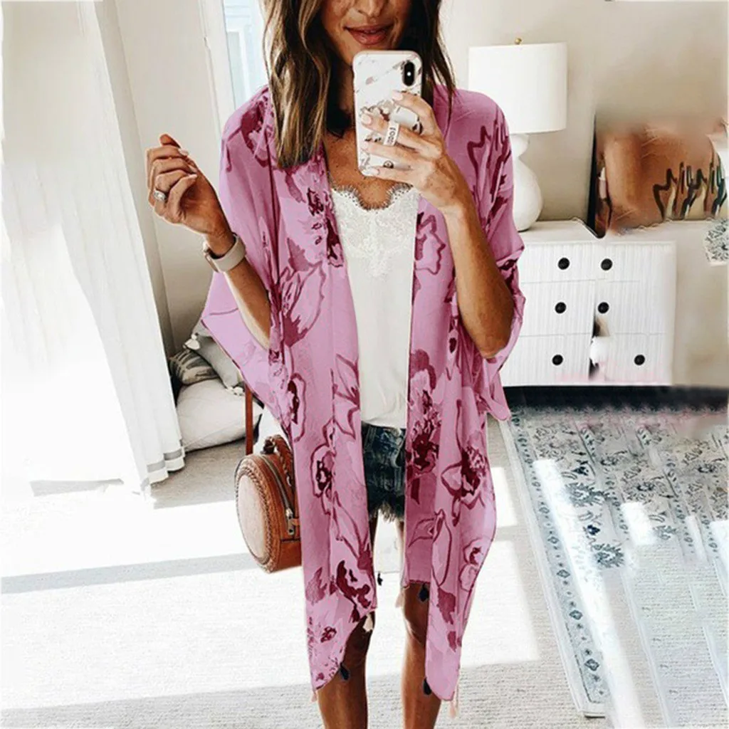 

Lady Fashion Summer Floral Print Chiffon Beach Dress Cardigan Kimono Beach Cover Up Swimwear Women Saida De Praia Pareos Mujer