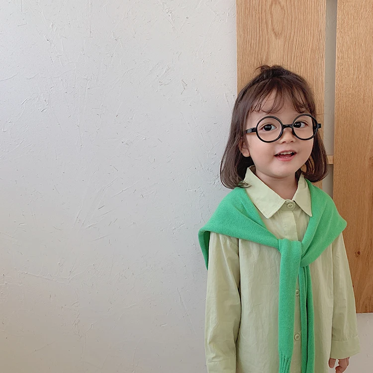 

2019 autumn new children fashion Korea shawl and shirt baby girls green long sleeve lapel loose tops kids clothing