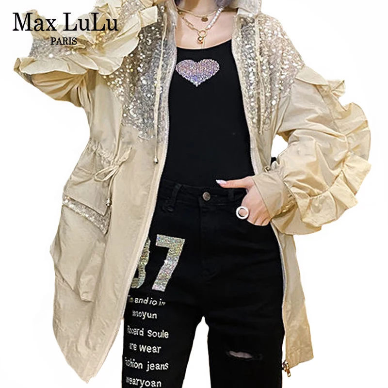 Max LuLu 2021 Korean Autumn Design Women Sequins Hooded Trench Ladies Long Sleeve Windbreakers Zippers Sun Protective Clothing