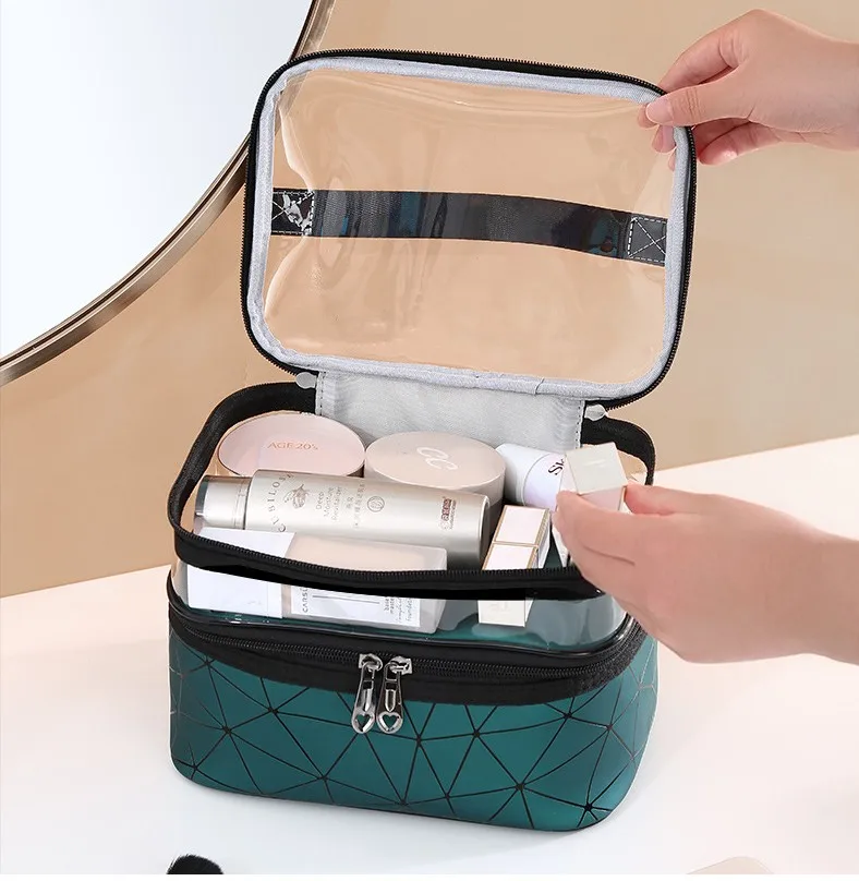 Двойной слой косметики, сумки для путешествий, набор туалетных принадлежностей для женщин, портативный косметический мешочек, прозрачный косметический Органайзер, чехол для макияжа