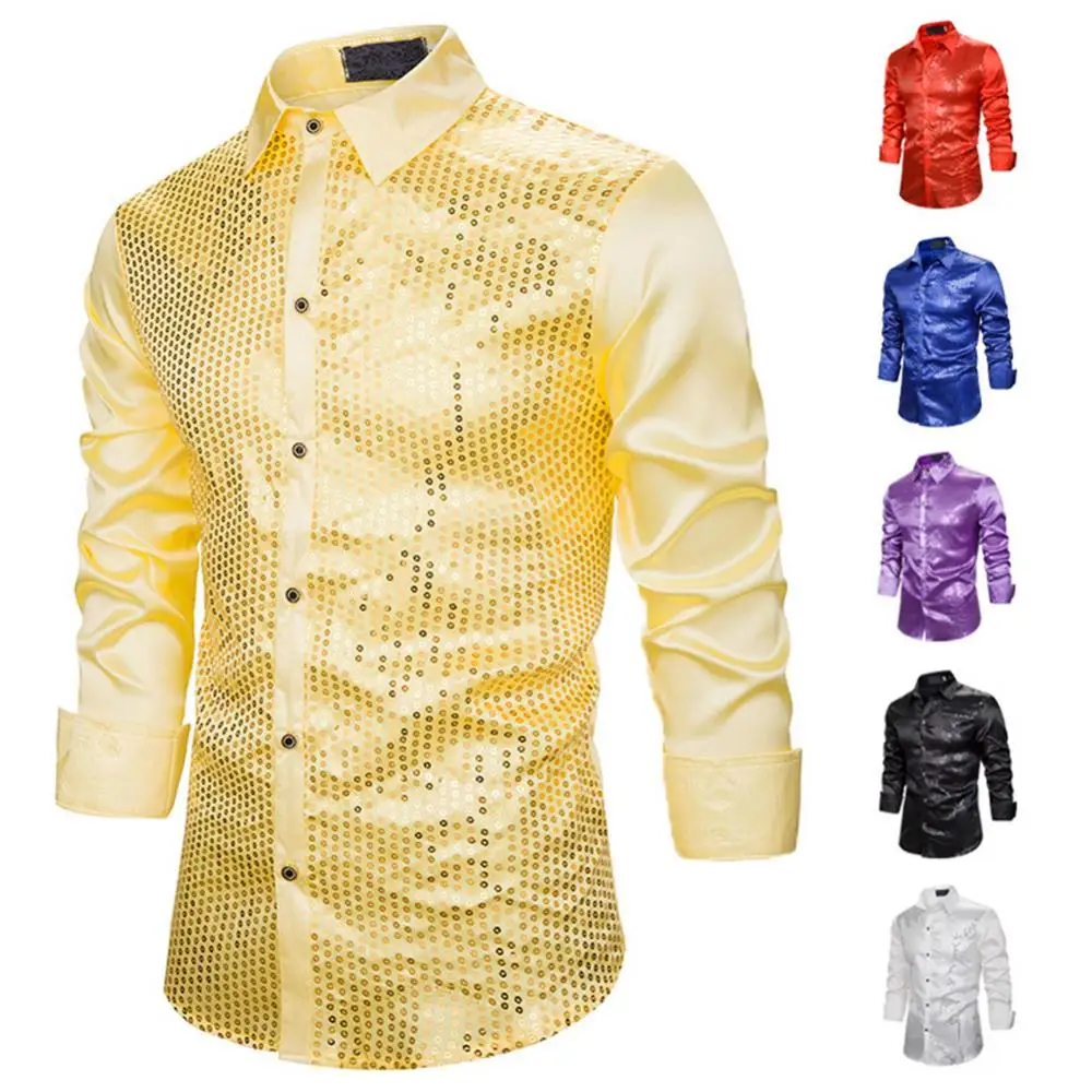 Men Shiny Sequins Shirt Long Sleeve Solid Color Turn Down Collar Party Stage Costume Top