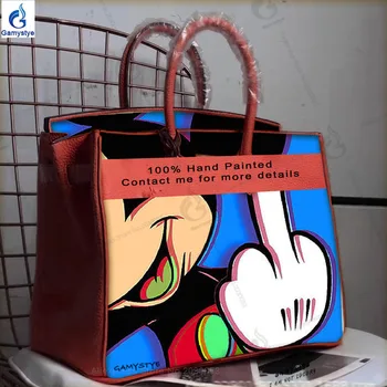 

Hand painted POP ART Cute mouse's middle finger Original Genuine Leather Handbag 100% Cowhide Women Shoulder Bags High Quality