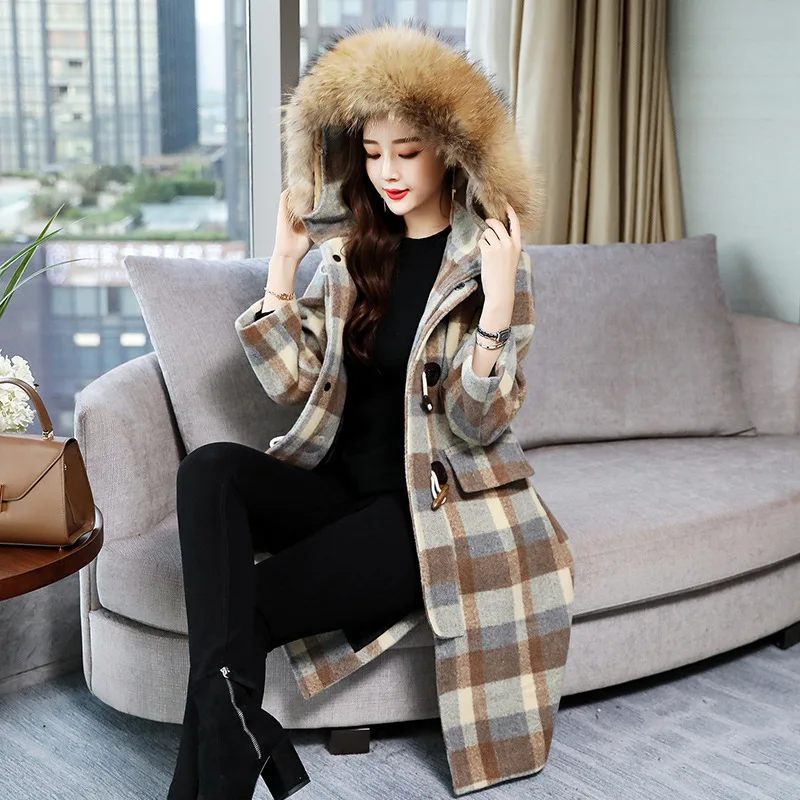 

2018 New Style Winter Woolen Jacket Women's Mid-length Popular Korean-style Plaid Large Fur Collar Toggle Woolen Overcoat