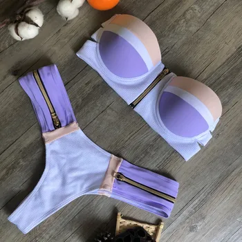 Image of Bandeau Bikini Push Up Swimsuit  Brazilian Swimwear Underwire Bikini Women Patchwork SwimsuitThong Bikini Zipper Biquini