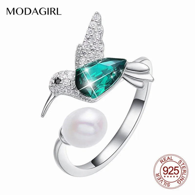 

MODAGIRL Green Crystal Hummingbird Ring with Freshwater Pearl 925 Sterling Silver Cute Jewelry Adjustable Fashion Gift for Women