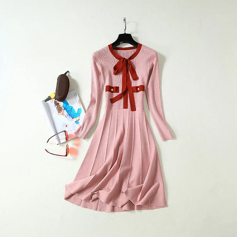 

HIGH QUALITY Newest 2019 Autumn Winter Runway Dress Women's Long Sleeve Bow And Pockets Sweater Knitting Dress