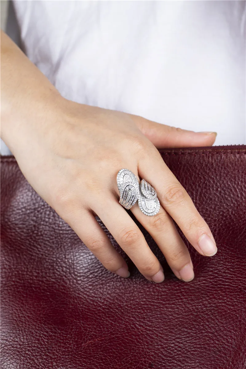 Big Sparkling 925 Sterling Silver ring Luxury Leaf Pave Simulated Diamond Cocktail Wedding Rings For Women Jewelry gift | Украшения и