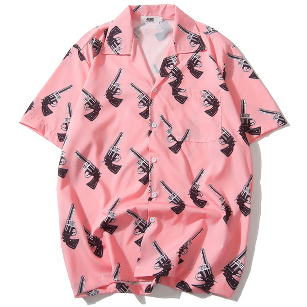 

Pistol Gun Print Pink Beach Hawaiian Aloha Shirts 2019 Summer Mens Casual Short Sleeve Shirt Male Fashion Shirts Tops Print SA-8