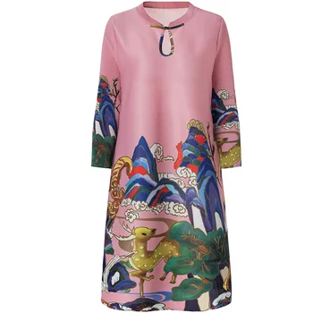 

2020 New Spring Fashion Vintage Women dress Loose Print Fold Fat Dresses Pink 80203