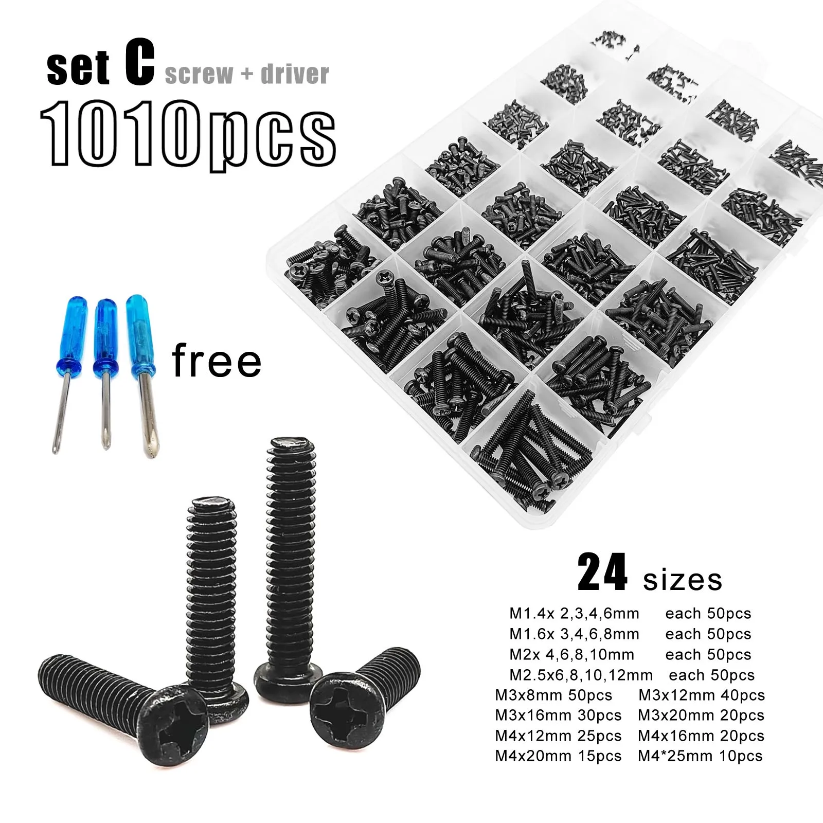 400/500/1010/2100pcs M1.2 M1.4 M1.6 M2 M2.5 M3 M4 검정색 강철 소형 필립스 크로스 라운드 팬 헤드 나사 볼트 세트 구색 키트