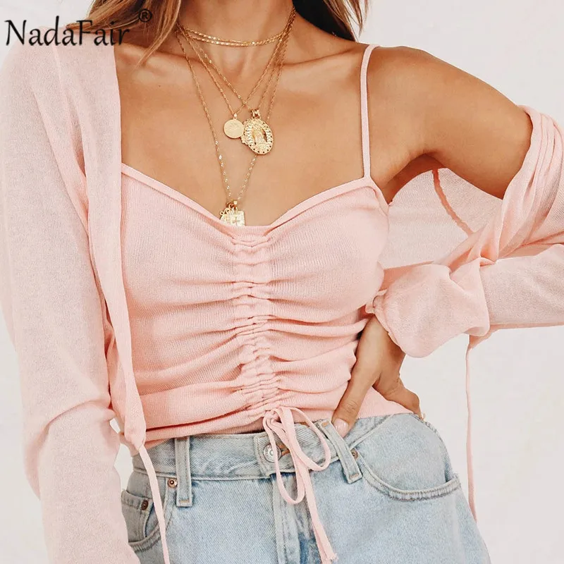 

Nadafair Summer Ribbed Bandage Crop Top Women Sexy V Neck Off Shoulder Drawstring Knitted Cropped Casual Basic Tank Tops