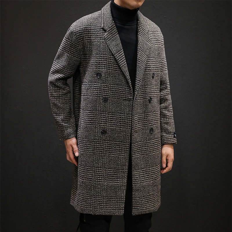Cheap 2020 Spring Men Long Trench Coat Male Houndstooth Print Windbreaker Turn-down Collar Woollen Overcoat 2#10/10D50