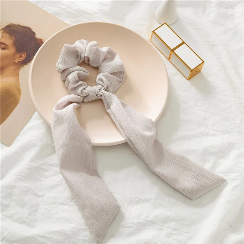 grey hair ribbon Летняя и осенняя одежда для девочек с бантиком, одноцветные эластичные резинки для волос, длинный платок, женские аксессуары для волос - Цвет: grey hair ribbon