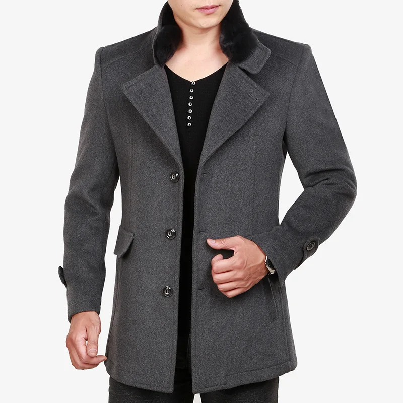 Men Grey Woolen Coat Winter Clothing Thick Wool Blend Coat Casual Faux Fur Detachable Collar Oversized Long Gray Overcoat Male Men Grey Woolen Coat Winter Clothing Thick Wool Blend Coat Casual Faux Fur Detachable Collar Oversized Long Gray Overcoat Male