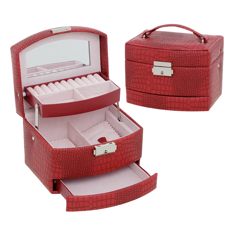 

Three Layer Multi-Capacity Storage Jewelry Box Cosmetic Box Crocodile Pattern Leather Jewelry Box Accessories Storage Box Wholes
