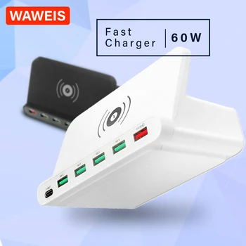 

WAWEIS Multi Function Qi Wireless Fast Charger 60W USB 2.0 Type C 3.0 for iPhone 11/X/8 Samsung s10 s9 Wireless Charging Station