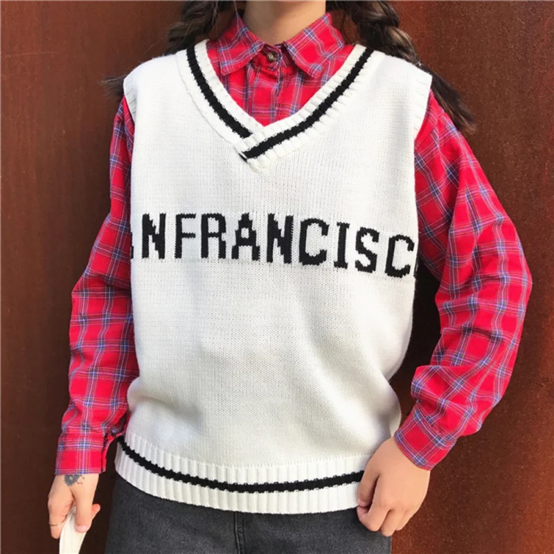 Женские корейские свитера без рукавов, милые вязаные пуловеры с v-образным вырезом для девочек, тонкие весенне-осенние свободные Джемперы в стиле панк