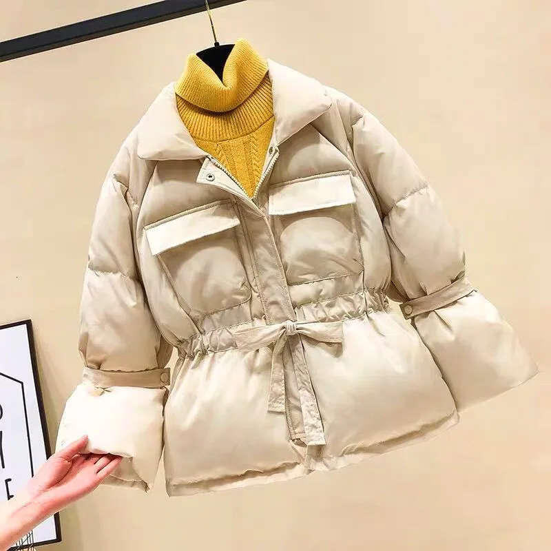 

Autumn Winter Vintage Harajuku Parka Jacket Overcoat Woman Turn-down Collar With Pocket Sashes Slim Coat Outwear Top Jacket