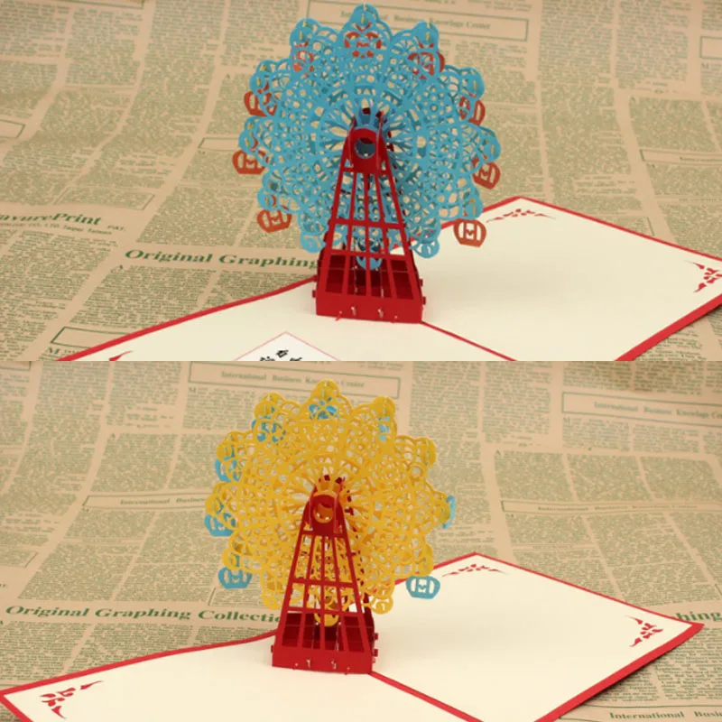  15*15cm Handmade Paper Carving Birthday Card Ferris Wheel Greeing Cards Invitations Cards 3D Origam - 4000434374694
