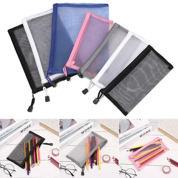 

Simple Transparent Mesh Cosmetic Storage Bag Makeup Zipper Stationery Nylon Bag Pencil Case Office Student School Supplies Gifts