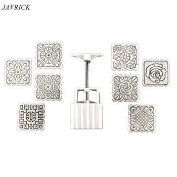 

100g Mooncake Barrel Mold with 8pcs Square Flower Stamps Hand Press Pastry Mould