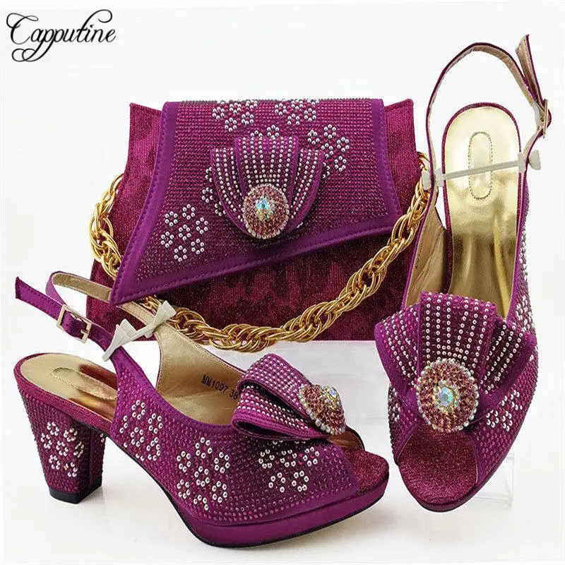 

Capputine Summer New Arrival Middle Heels Shoes And Bag Set For Party 2019 African Rhinestone Sandals Shoes And Bag Set 8Colors