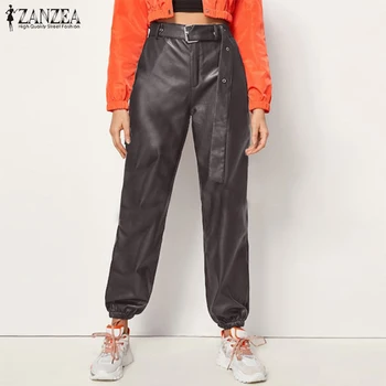 

2020 ZANZEA Fashion PU Leahter Pants Women Casual Belt High Waist Pantalon Summer Solid Long Overalls Trousers Feamle Turnip