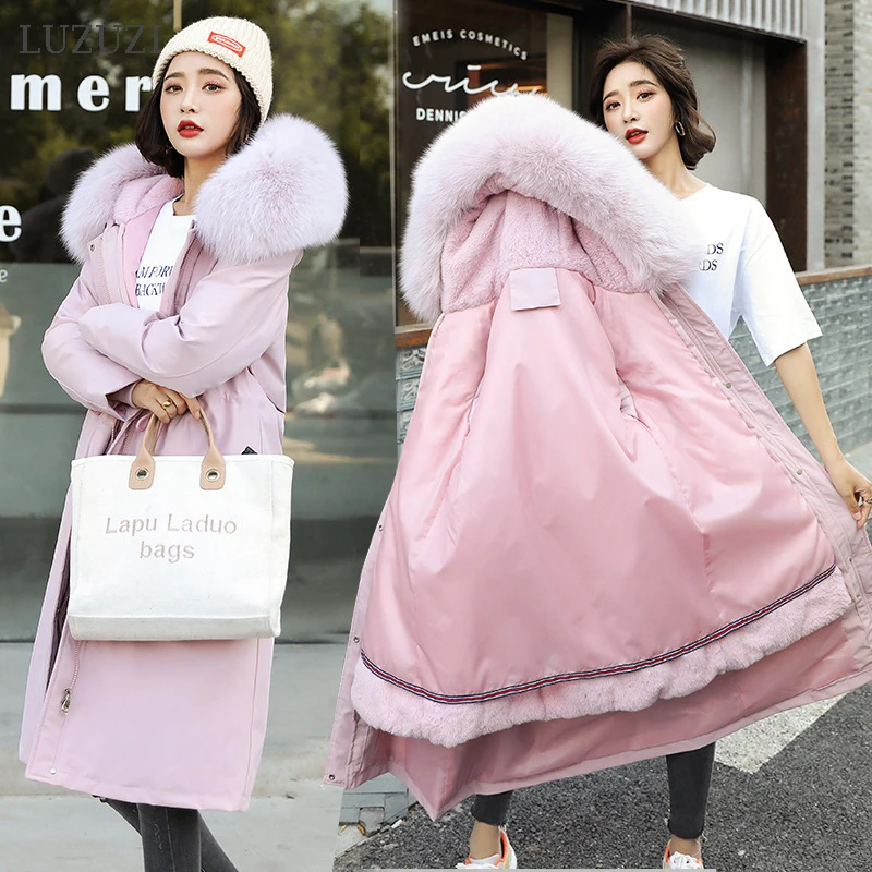 LUZUZI Parka Women's 2021 Winter Liner Removable Large Size Long Coat Korean-Style Thick Loose Down Cotton Cloth Jacket | Женская