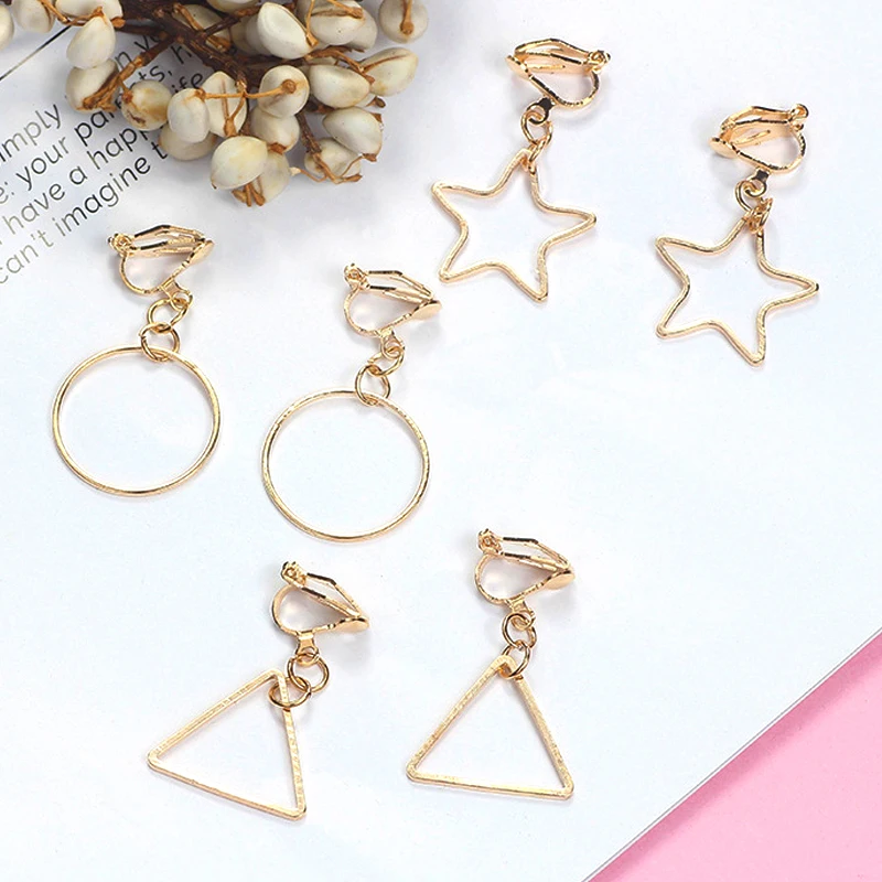 

Hollow Star Round Triangle Earrings No Ear Hole Elegant Clip on Earrings No Pierced Gold Earrings Jewelry Gifts women girls
