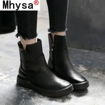 baratas Novo Design Round Toe Botas De Tornozelo Feminino 2020 Vintage Macio Couro Do Plutônio Curto De Pelúcia Inverno Quente Botas De Neve Sapatos Apartamentos Sapatos Goth