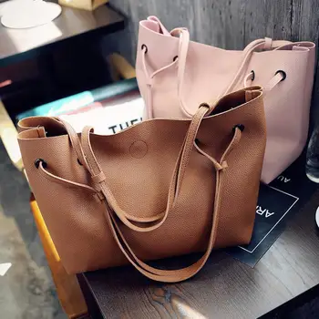 

2Pcs Women Fashion Solid Color Large Capacity Tote Shoulder Bag Clutches Pouch