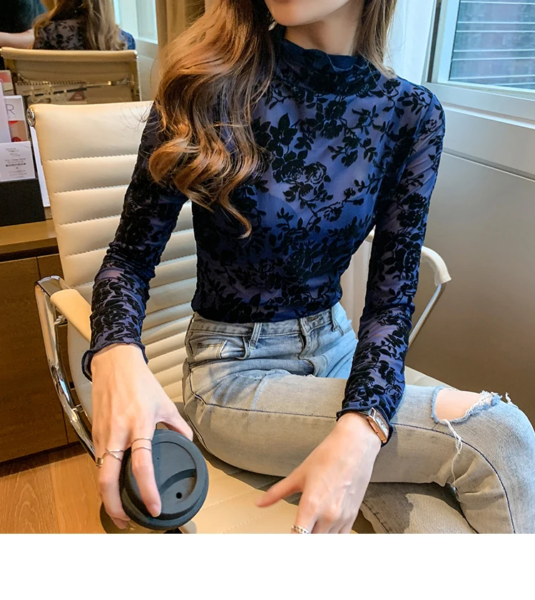 Korean Fashion Mesh Women Blouses Office Lady Shirt and Blouse Long Sleeve Floral Blusas Largas Loose Womens Sexy Tops