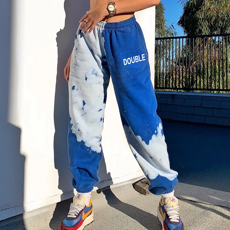

HOUZHOU 2020 Tie Dye Sweatpants Women Letter Print Women Trousers High Waist Track Pants Women Streetwear Loose Sports Pants