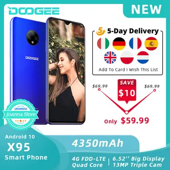 

Mobile Phone DOOGEE X95 Android 10 Cellphones 4G-LTE 6.52" MTK6737 16GB ROM Dual SIM 13MP Triple Camera 4350mAh Smart Phone