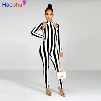 

Stripe Sexy Bandage Jumpsuit Women Cut-Out Shoulder Bodycon One Piece Bodysuit 2020 Causal Elegant Long Sleeve Plus Size Rompers